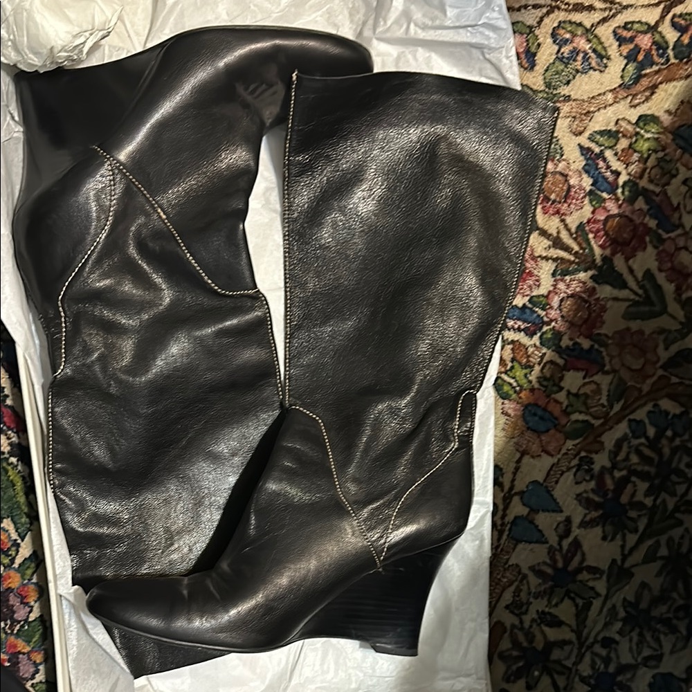 Calvin Klein Black Leather Melinda Wedge Boots Size 10M